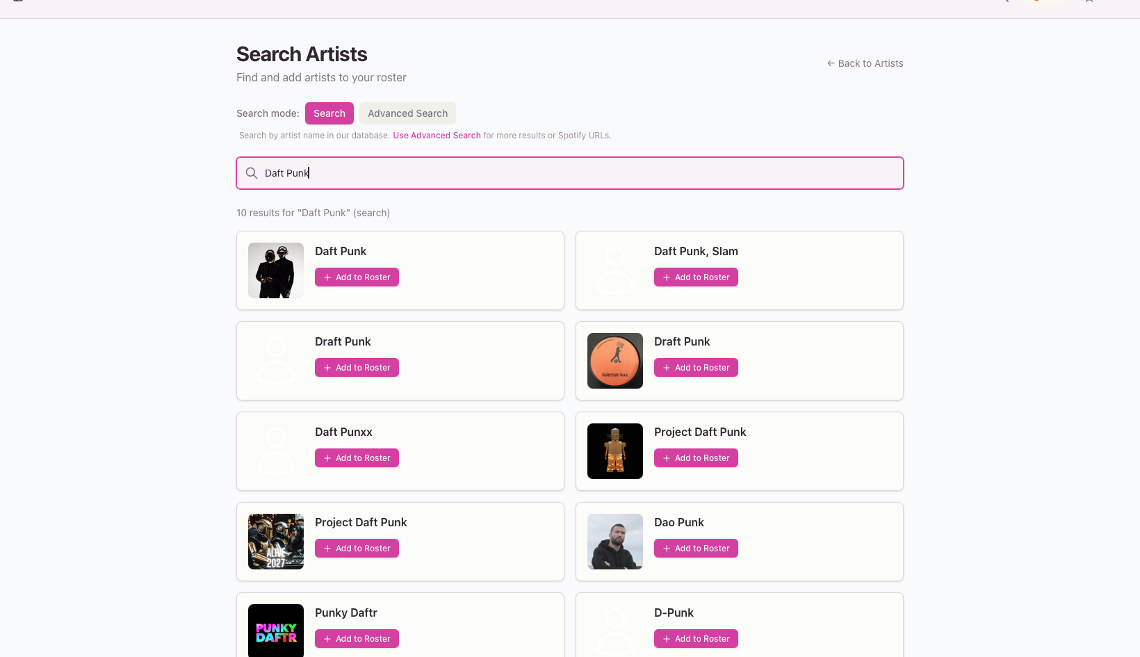 Artist search engine